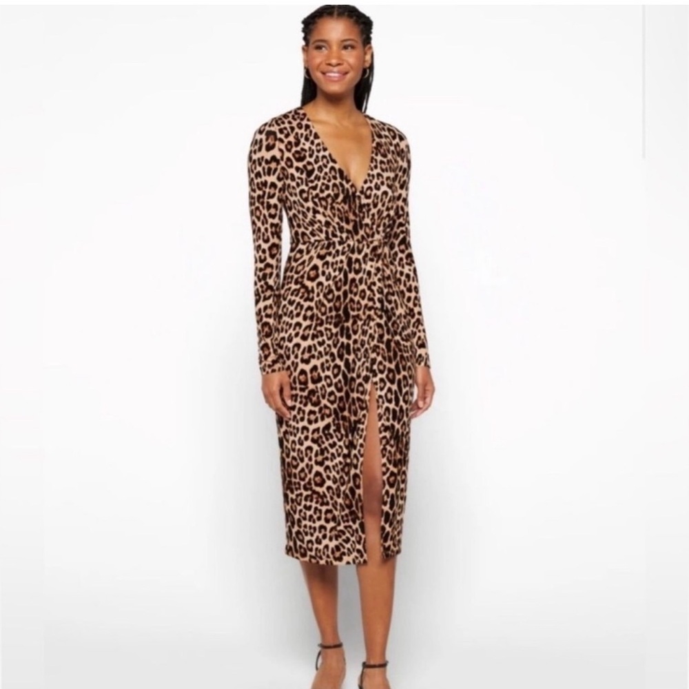 Good American - Leopard Long Wrap Sleeve Dress